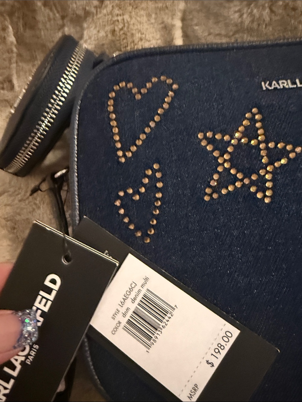 Karl Lagerfeld Navy Denim Crossbody with Stud Embellishments - Picture 3 of 5